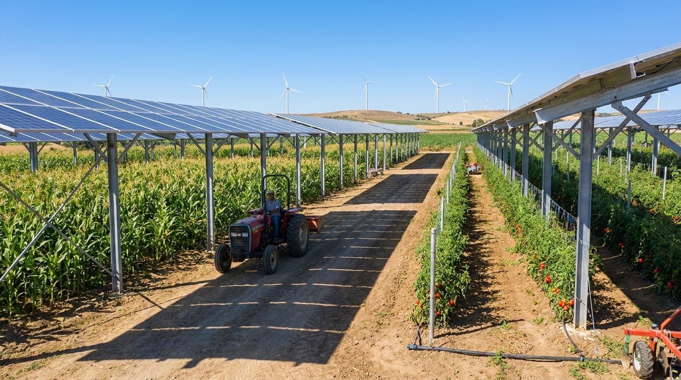 Hoch aufgeständerte Agri-Photovoltaik-Anlage über einer bewirtschafteten Fläche